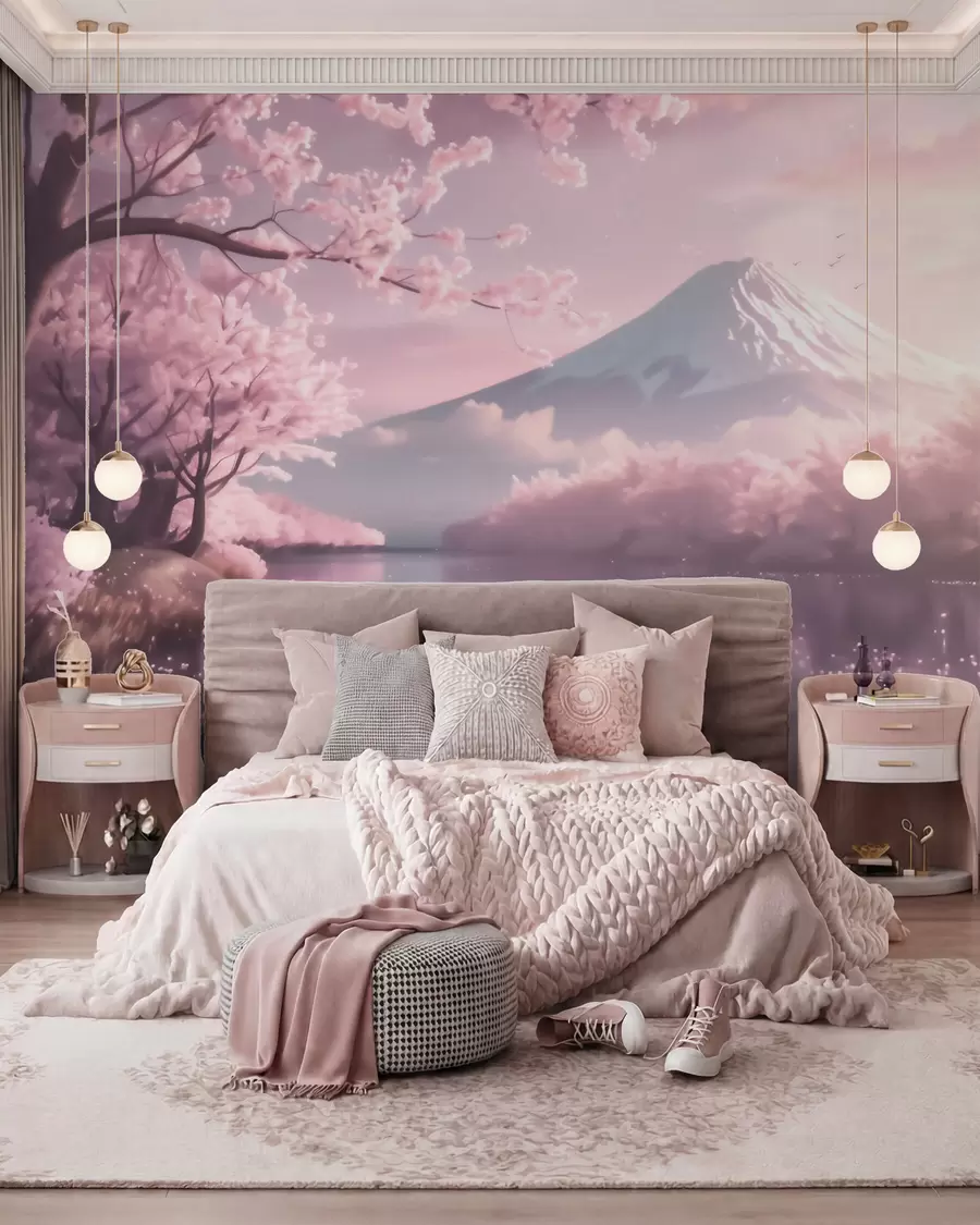 Papier peint Paysage japonais serein avec des cerisiers en fleurs et un lac de montagne au lever du soleil w09864