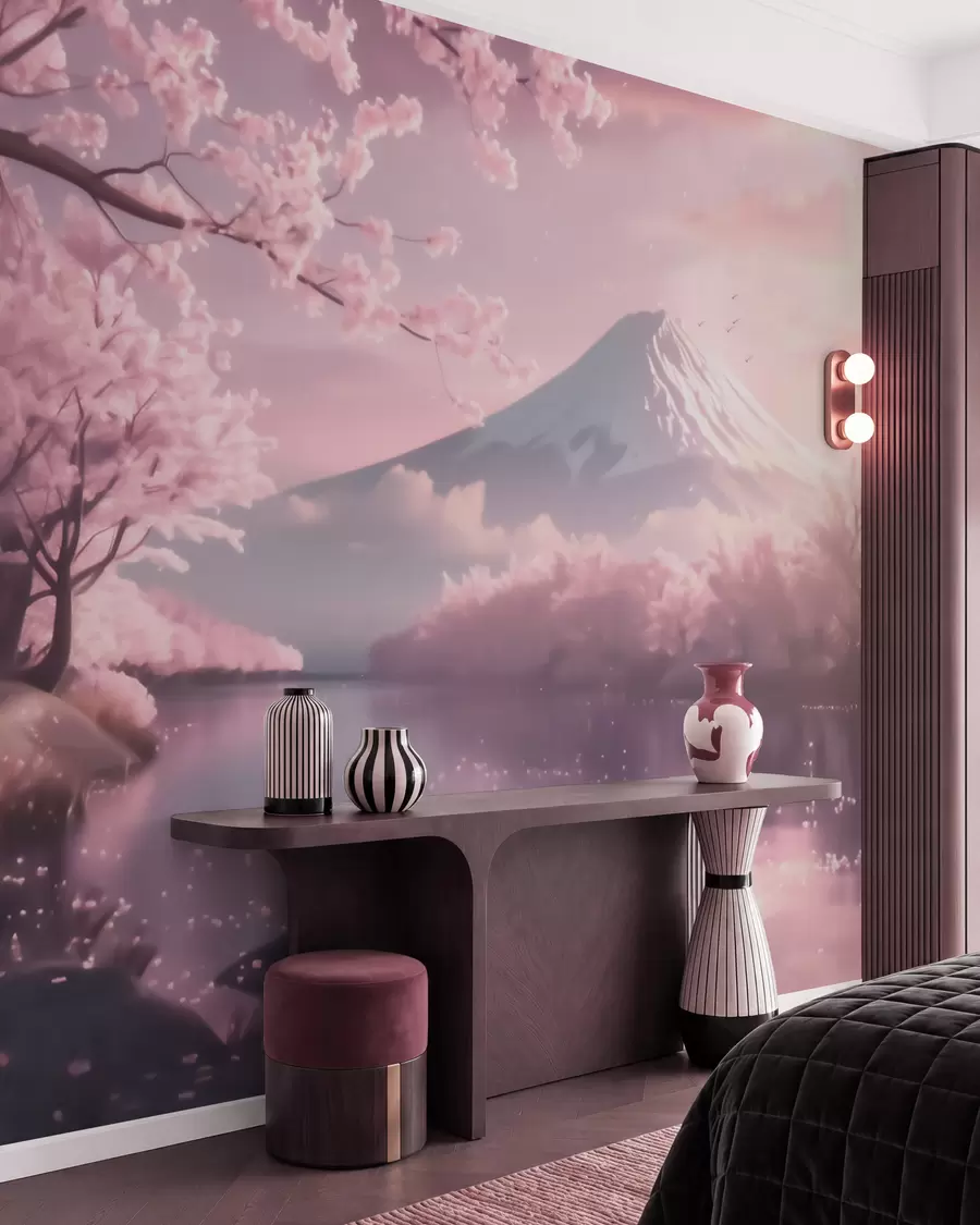 Papier peint Paysage japonais serein avec des cerisiers en fleurs et un lac de montagne au lever du soleil w09864