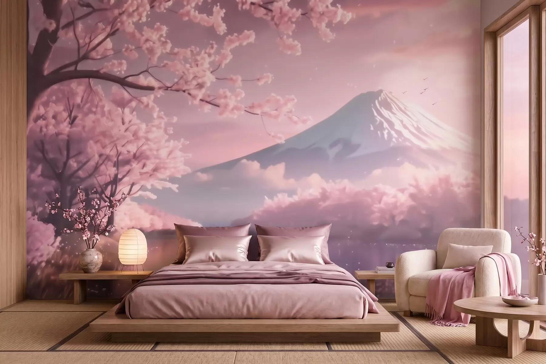 Papier peint Paysage japonais serein avec des cerisiers en fleurs et un lac de montagne au lever du soleil w09864
