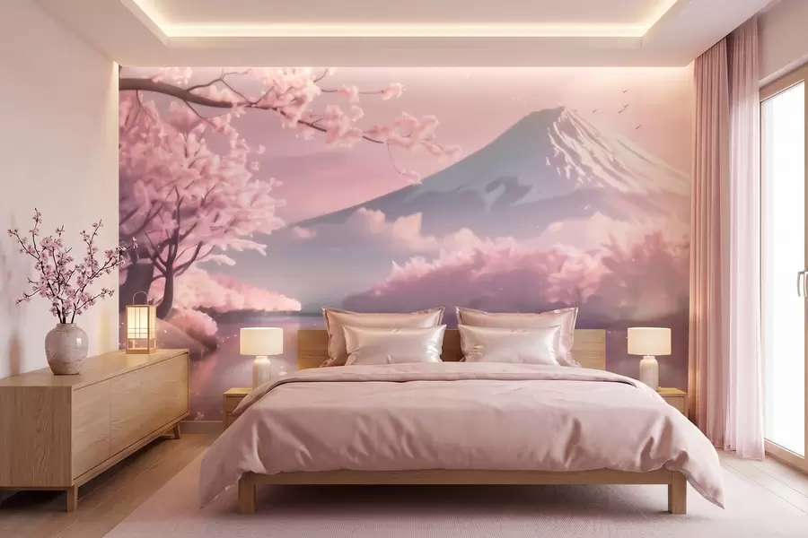 Papier peint Paysage japonais serein avec des cerisiers en fleurs et un lac de montagne au lever du soleil w09864