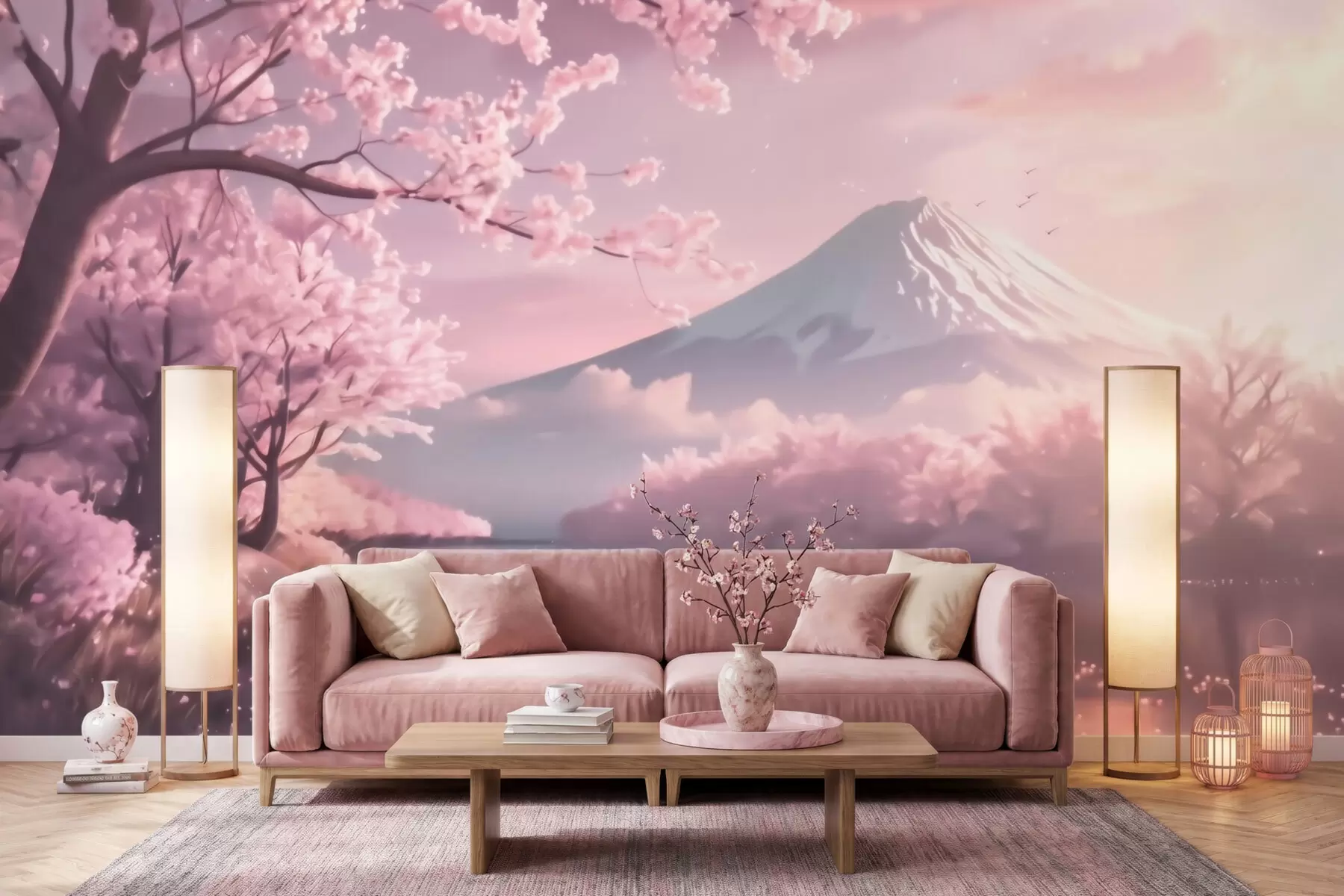 Papier peint Paysage japonais serein avec des cerisiers en fleurs et un lac de montagne au lever du soleil w09864