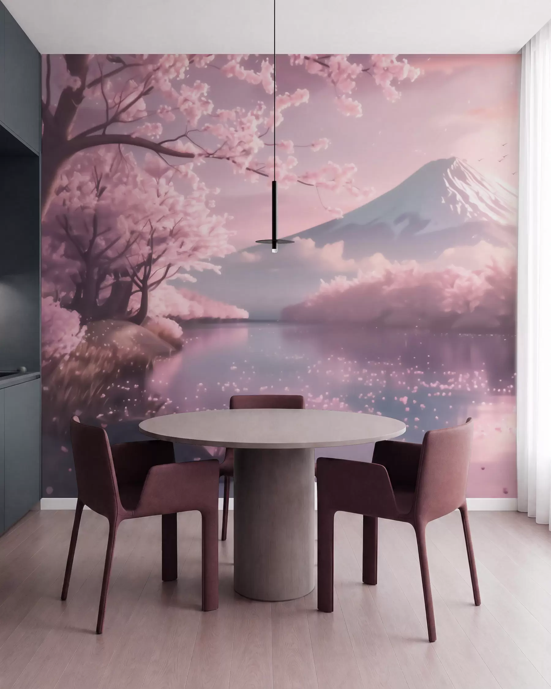 Papier peint Paysage japonais serein avec des cerisiers en fleurs et un lac de montagne au lever du soleil w09864