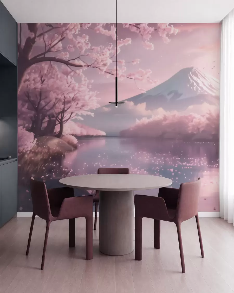 Papier peint Paysage japonais serein avec des cerisiers en fleurs et un lac de montagne au lever du soleil w09864