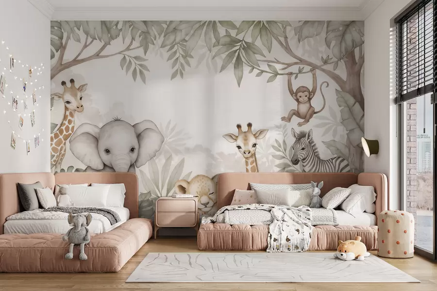 Papier peint D'adorables animaux de la savane au milieu d'une végétation tropicale, dans un style aquarelle w09885