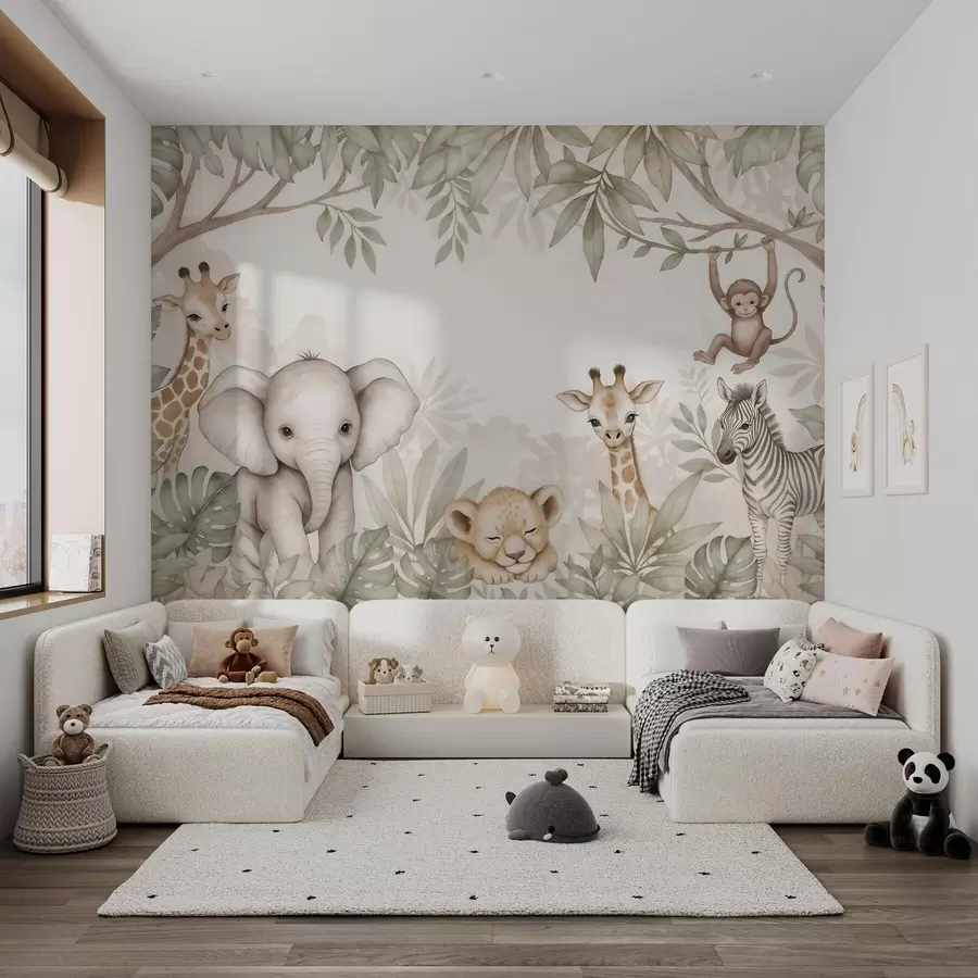Papier peint D'adorables animaux de la savane au milieu d'une végétation tropicale, dans un style aquarelle w09885