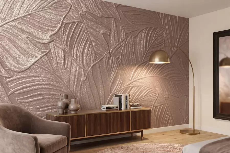 Papier peint Feuilles tropicales gaufrées, au relief délicat, dans des tons beiges chauds w09886