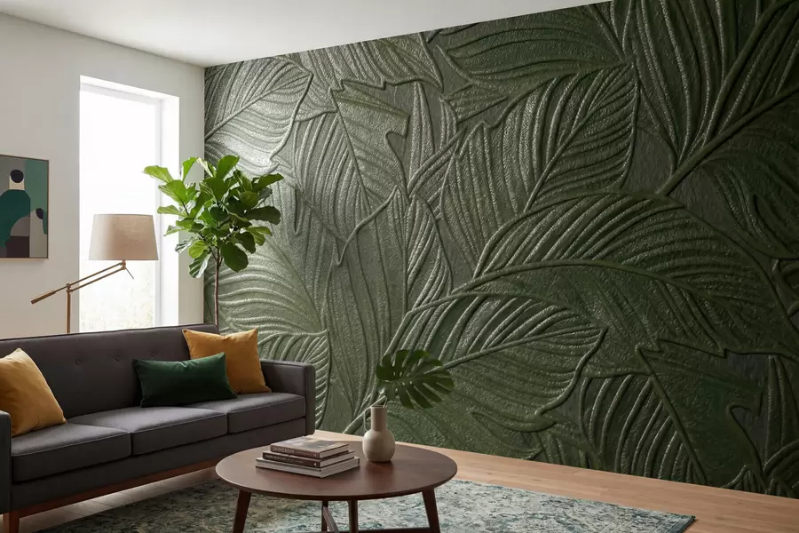Papier peint Feuilles tropicales gaufrées, au relief délicat, dans des tons de vert luxuriants w09886v1