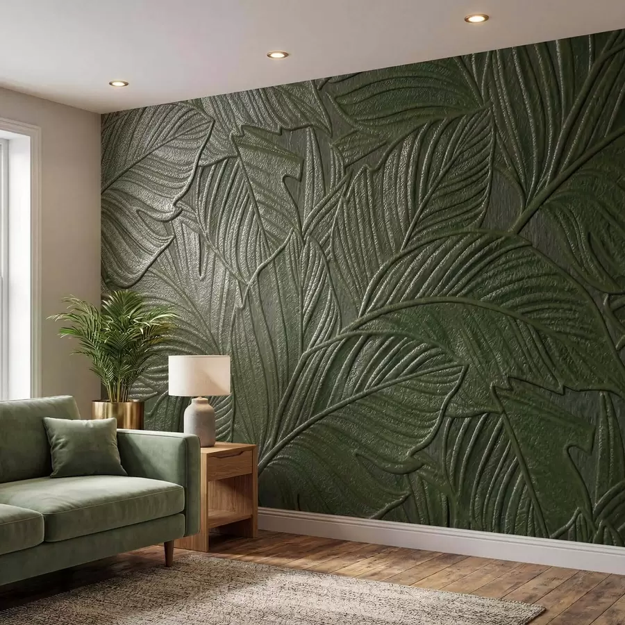 Papier peint Feuilles tropicales gaufrées, au relief délicat, dans des tons de vert luxuriants w09886v1