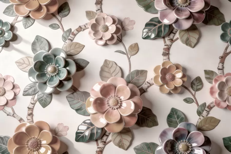 Papier peint Fleurs en céramique en trois dimensions, dans une palette de couleurs pastel douces w09887