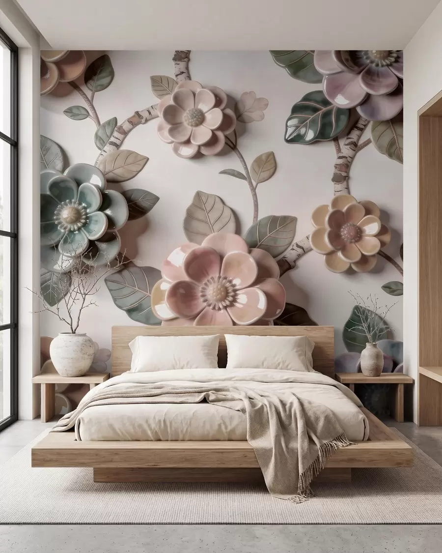 Papier peint Fleurs en céramique en trois dimensions, dans une palette de couleurs pastel douces w09887