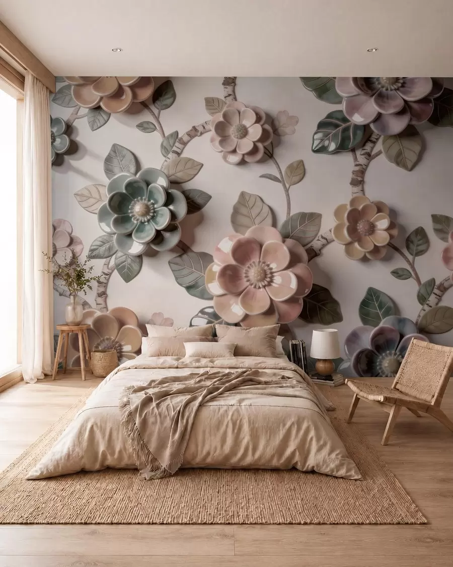Papier peint Fleurs en céramique en trois dimensions, dans une palette de couleurs pastel douces w09887