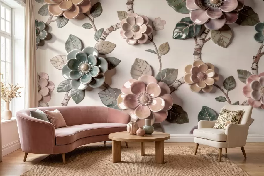 Papier peint Fleurs en céramique en trois dimensions, dans une palette de couleurs pastel douces w09887