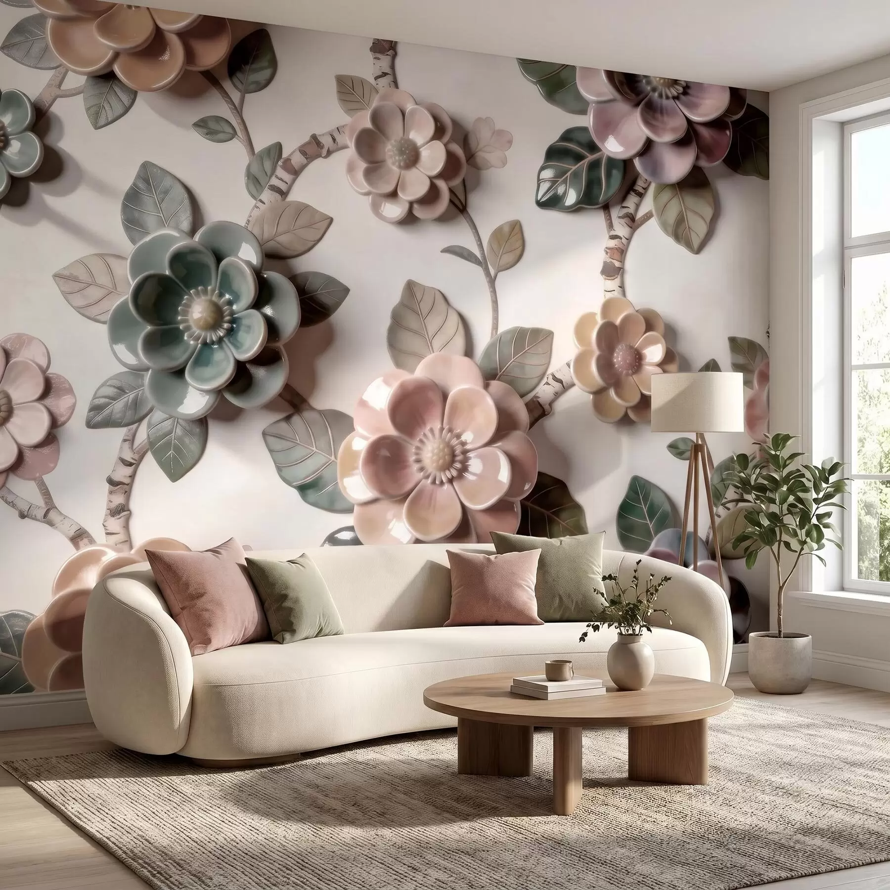 Papier peint Fleurs en céramique en trois dimensions, dans une palette de couleurs pastel douces w09887
