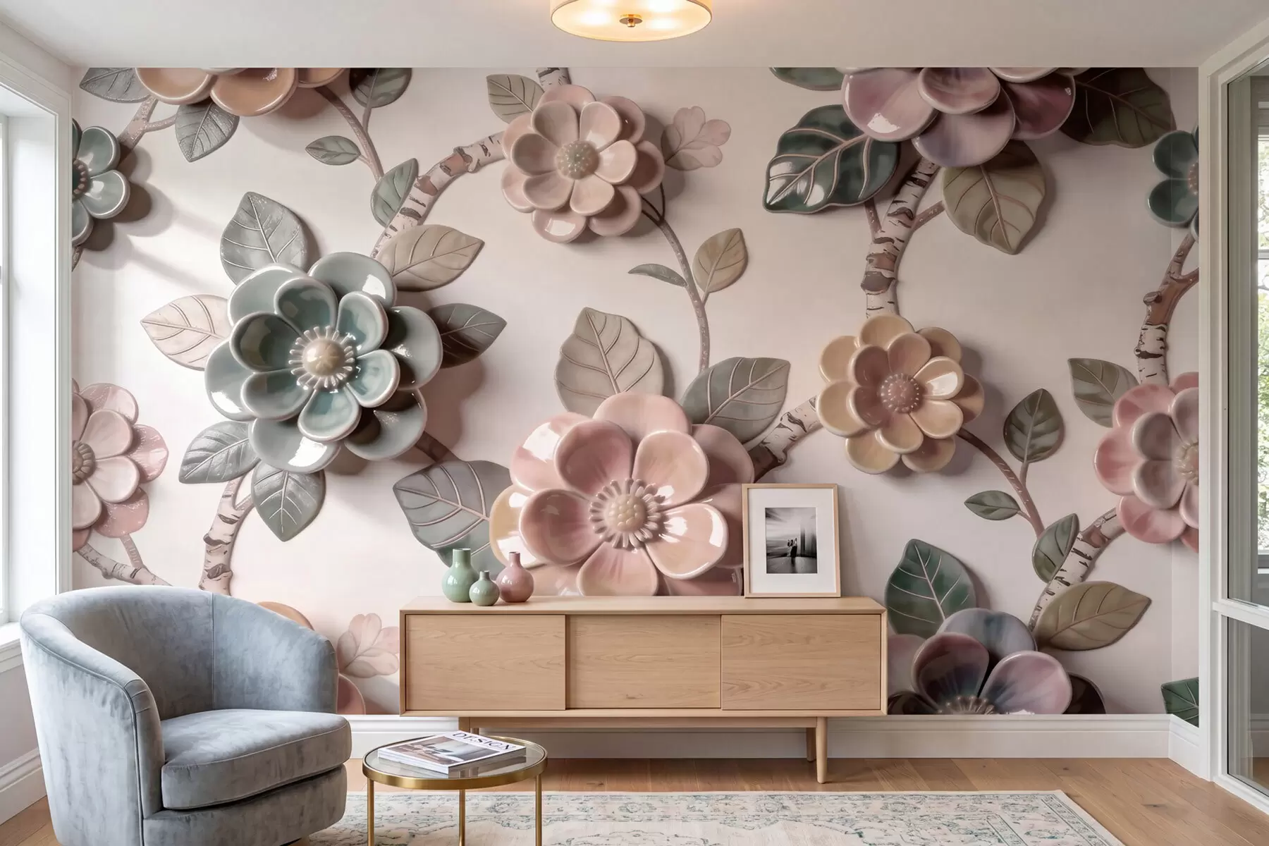 Papier peint Fleurs en céramique en trois dimensions, dans une palette de couleurs pastel douces w09887
