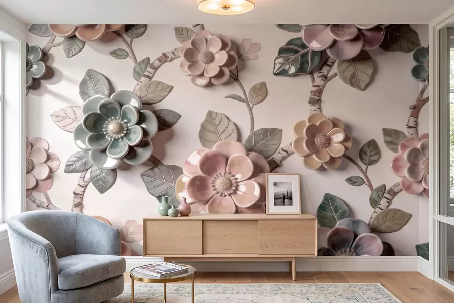 Papier peint Fleurs en céramique en trois dimensions, dans une palette de couleurs pastel douces w09887
