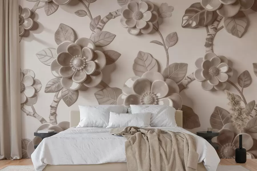 Papier peint Élégante composition beige composée de fleurs sculptées en trois dimensions w09887v1