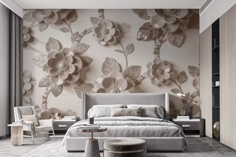 Papier peint Élégante composition beige composée de fleurs sculptées en trois dimensions w09887v1