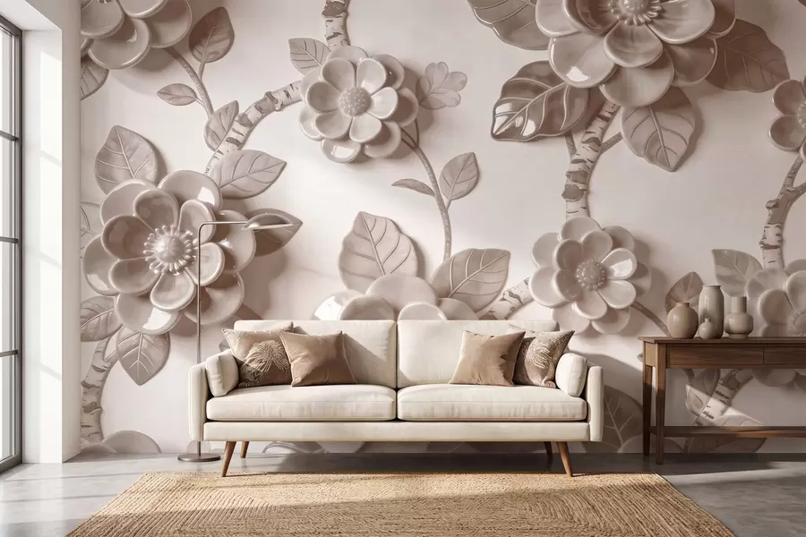 Papier peint Élégante composition beige composée de fleurs sculptées en trois dimensions w09887v1