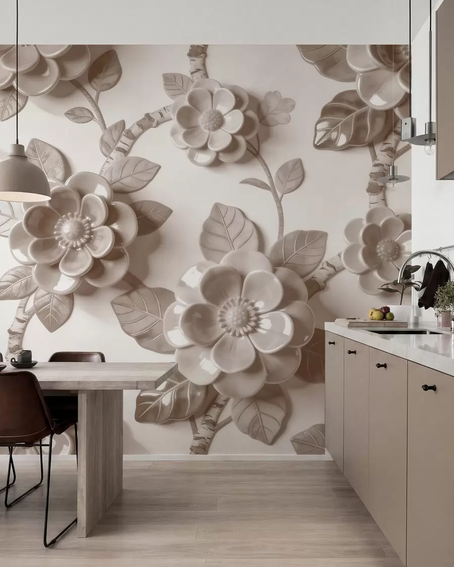 Papier peint Élégante composition beige composée de fleurs sculptées en trois dimensions w09887v1