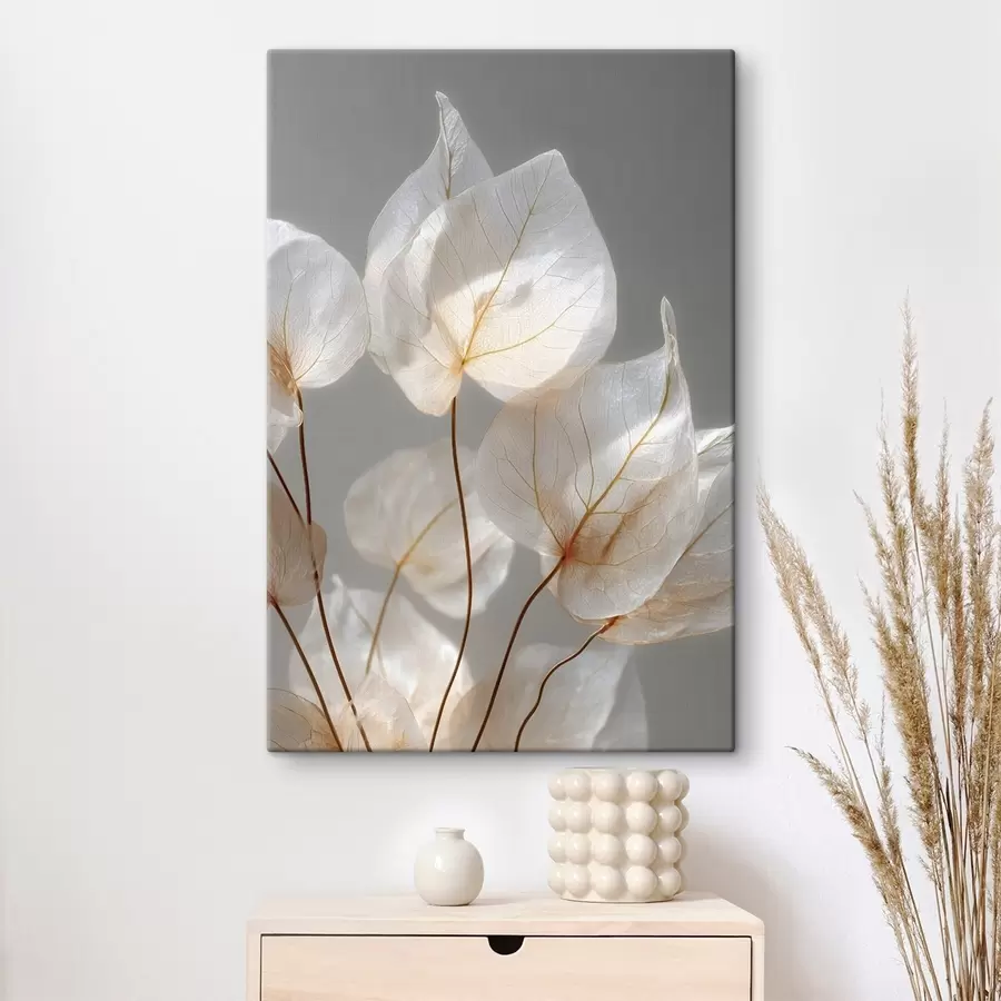 Tableau des feuilles blanches aux nervures apparentes sur fond gris s49558