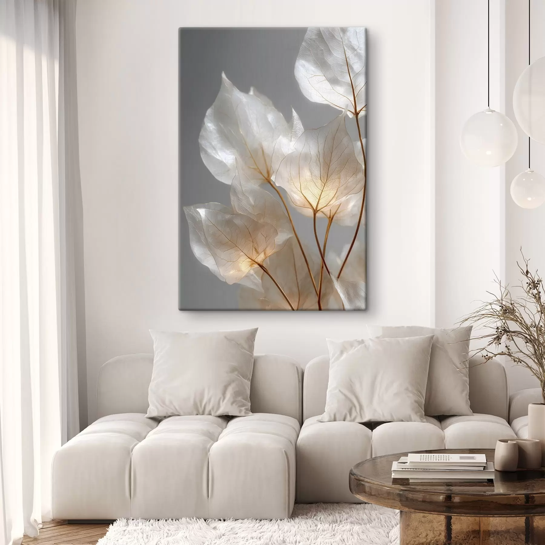 Tableau des feuilles blanches aux nervures apparentes sur fond gris s49559