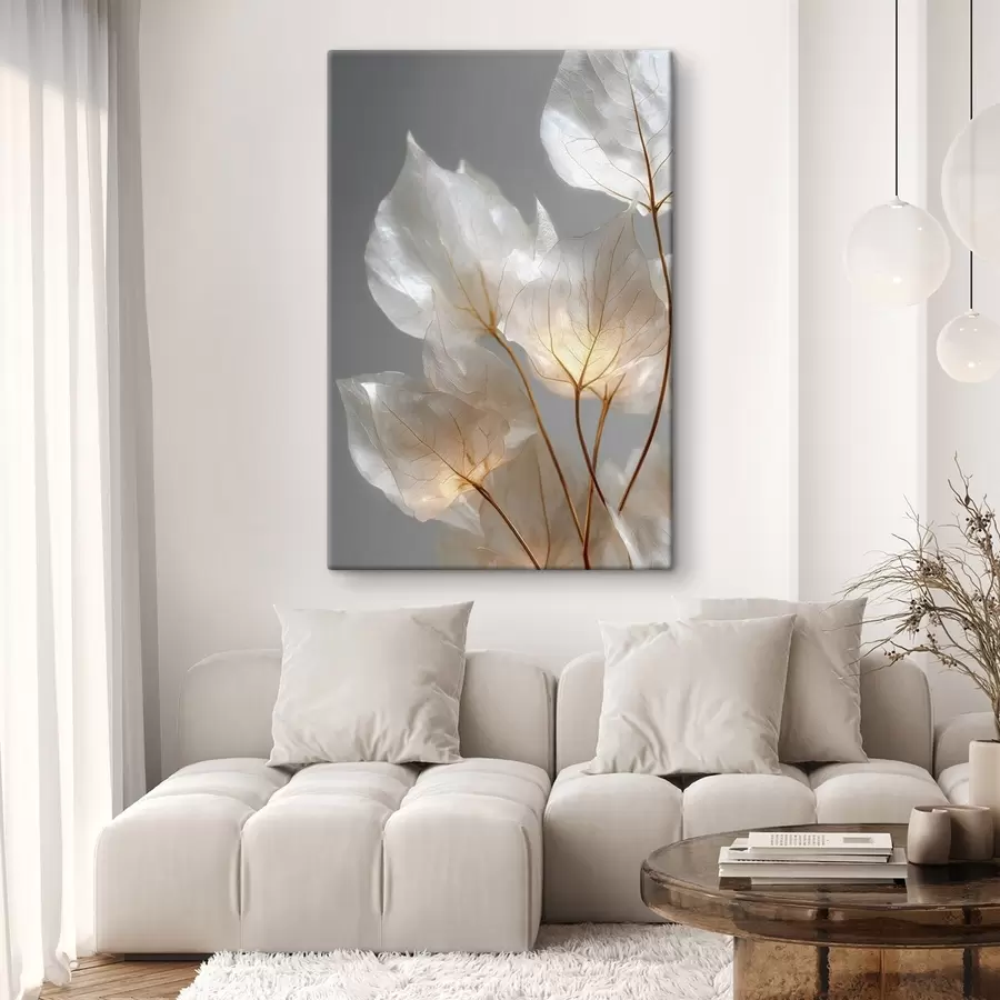 Tableau des feuilles blanches aux nervures apparentes sur fond gris s49559