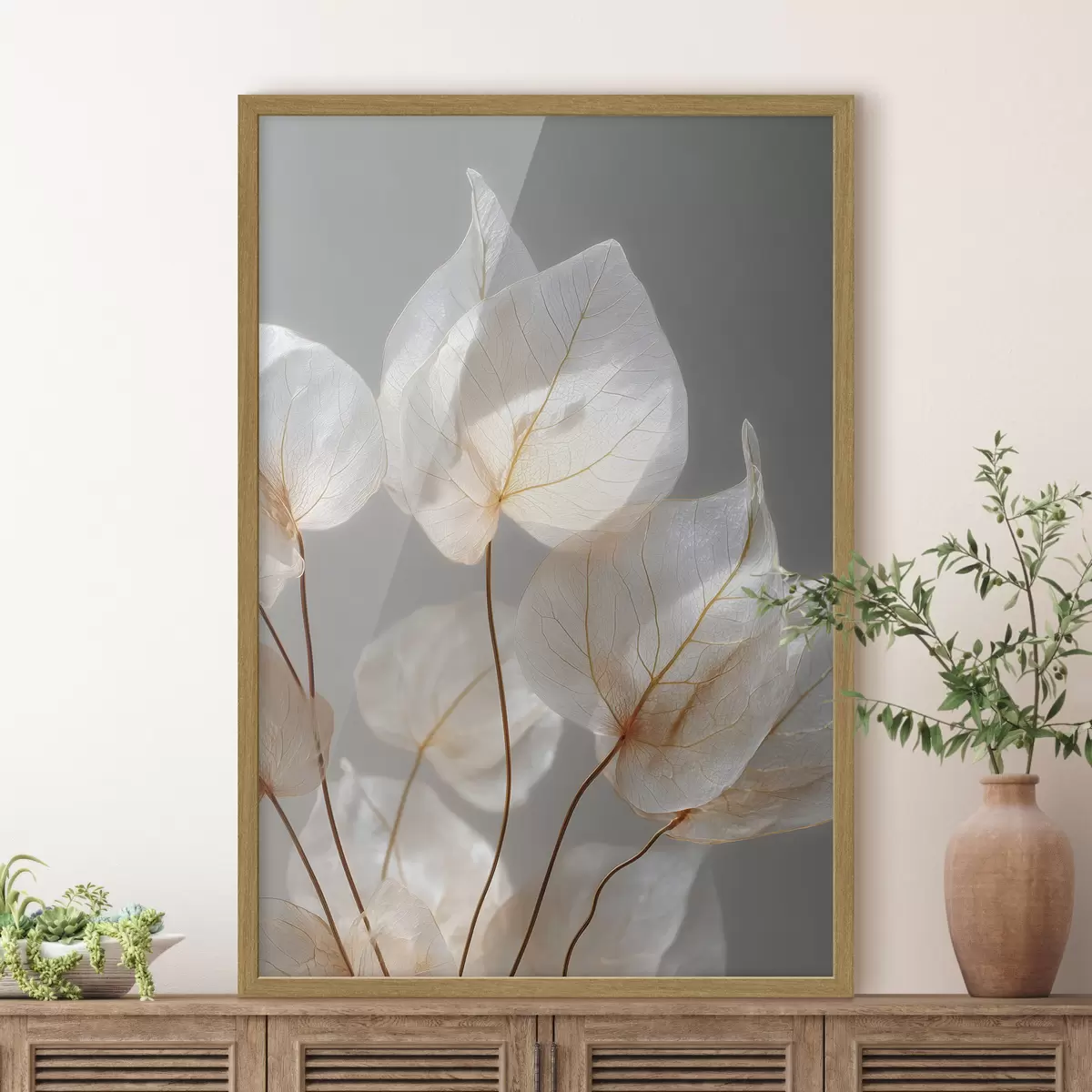 Poster des feuilles blanches aux nervures apparentes sur fond gris f49558