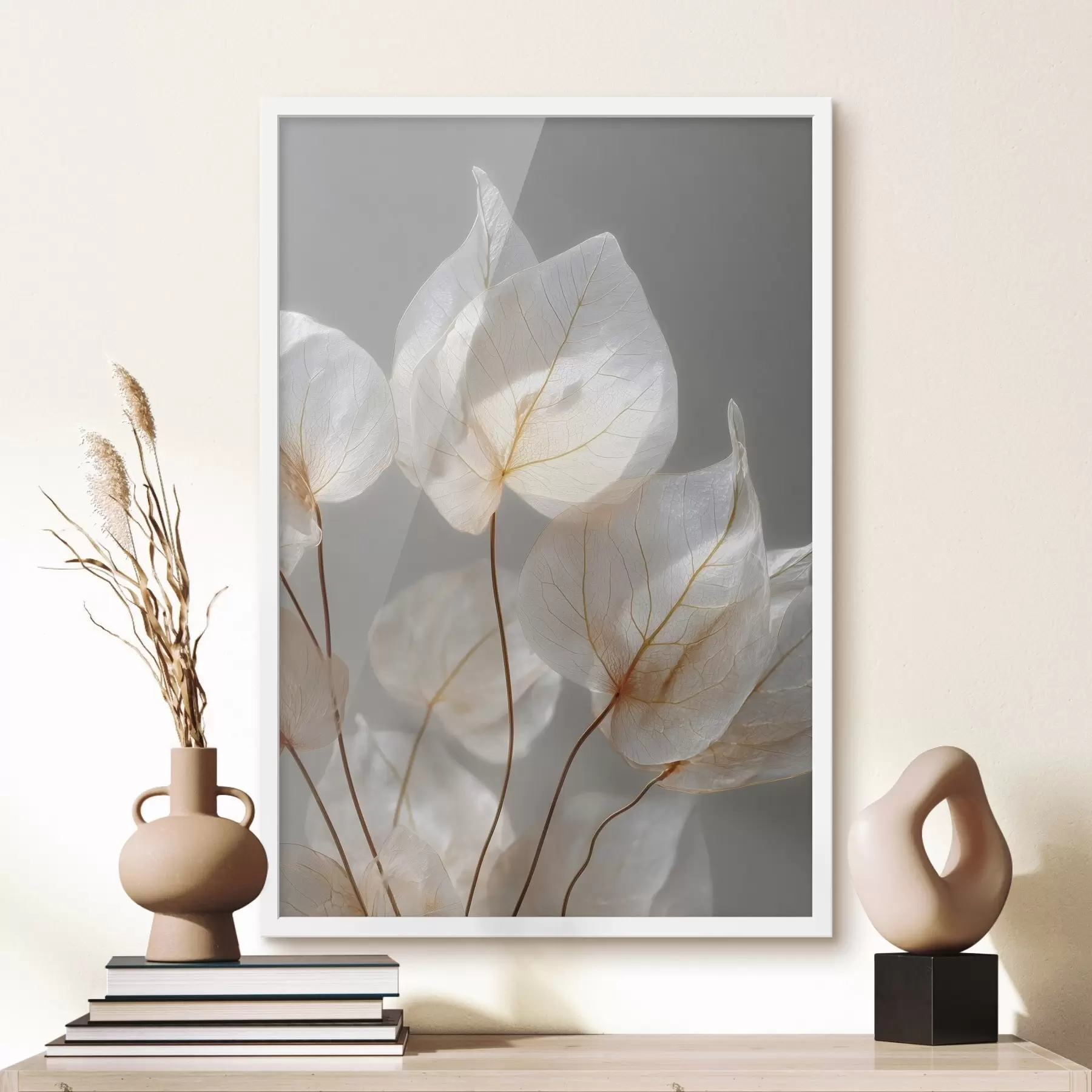 Papier peint des feuilles blanches aux nervures apparentes sur fond gris f49558