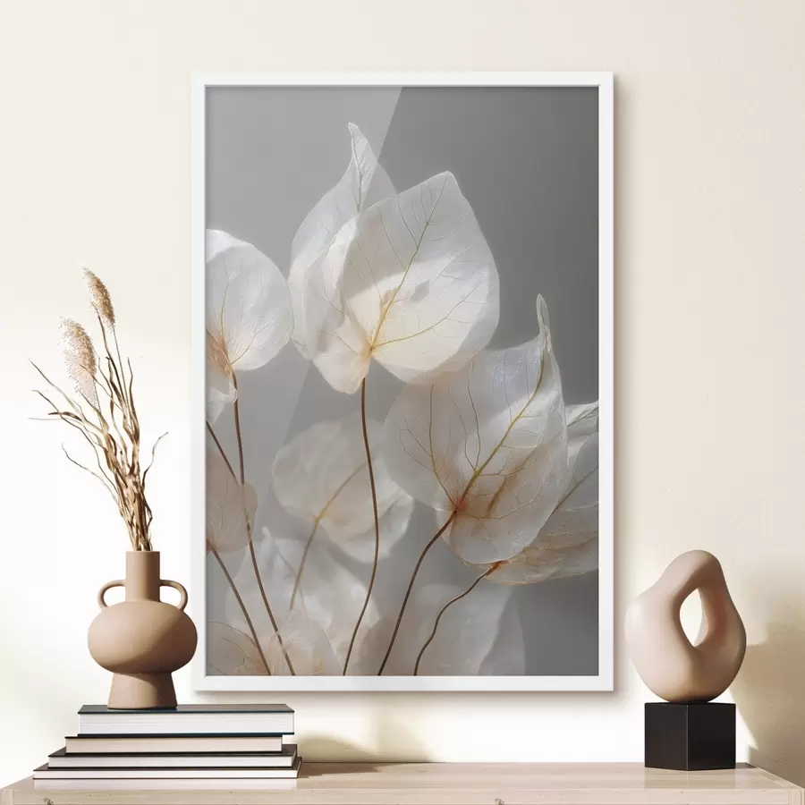 Papier peint des feuilles blanches aux nervures apparentes sur fond gris f49558