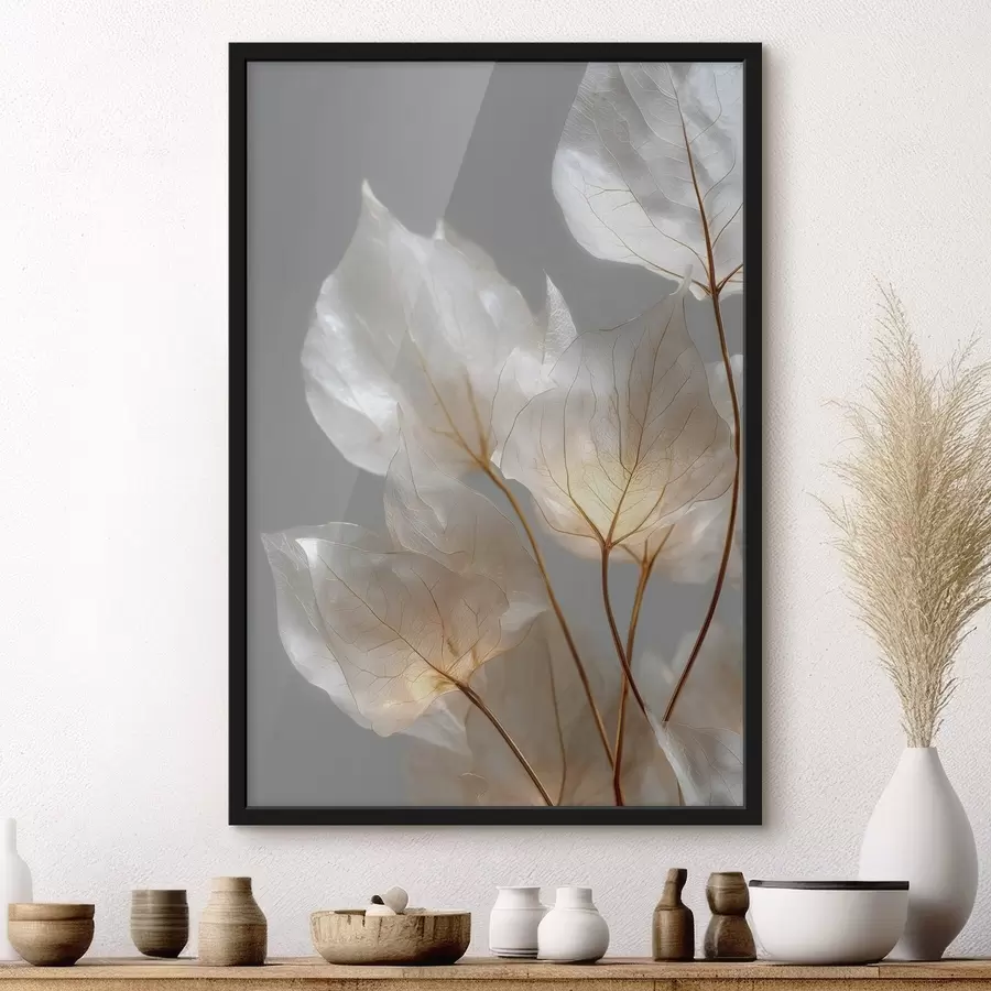 Papier peint des feuilles blanches aux nervures apparentes sur fond gris f49559