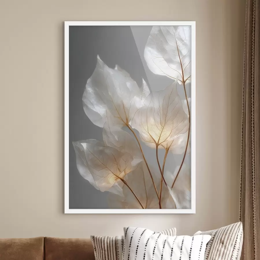 Papier peint des feuilles blanches aux nervures apparentes sur fond gris f49559