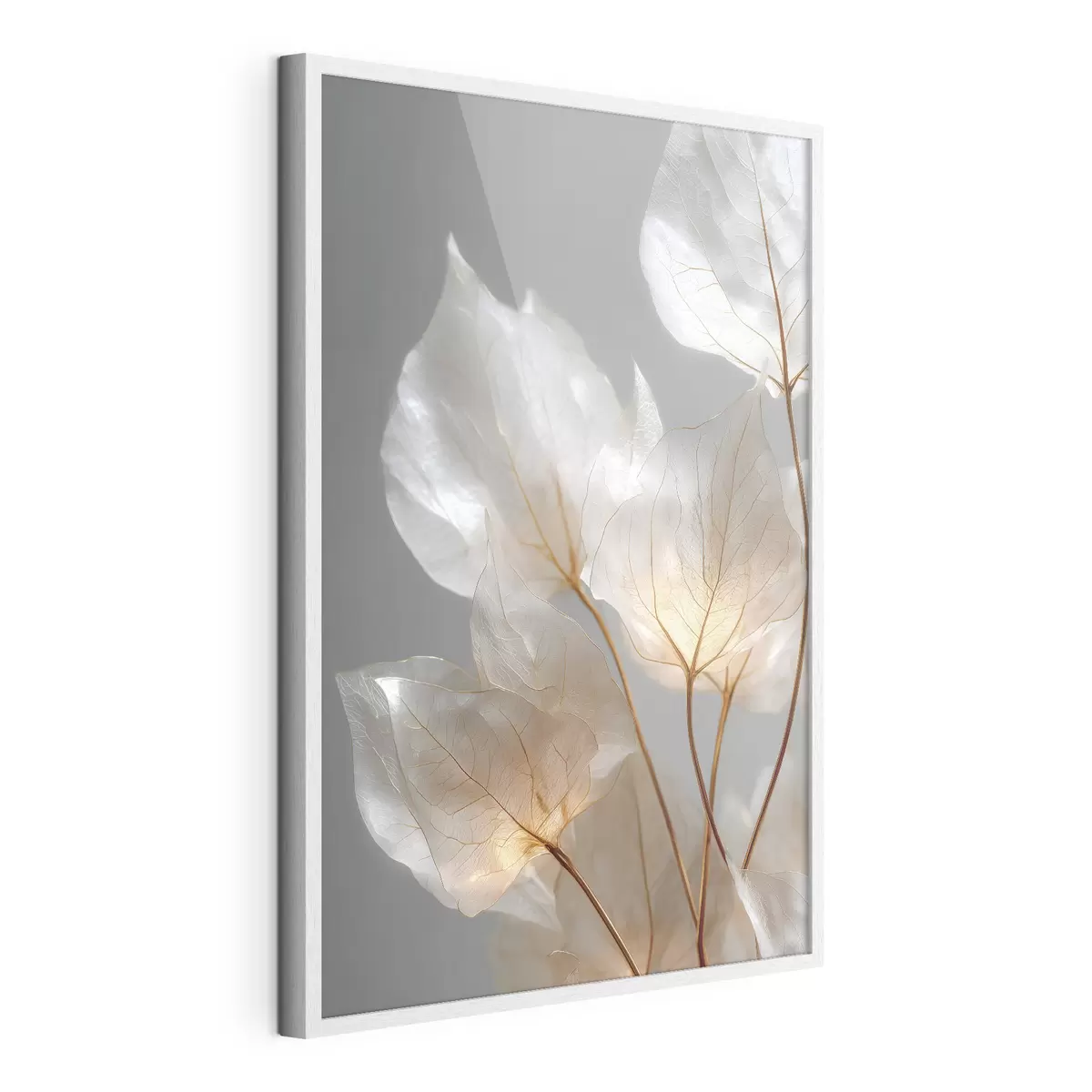 Poster des feuilles blanches aux nervures apparentes sur fond gris f49559