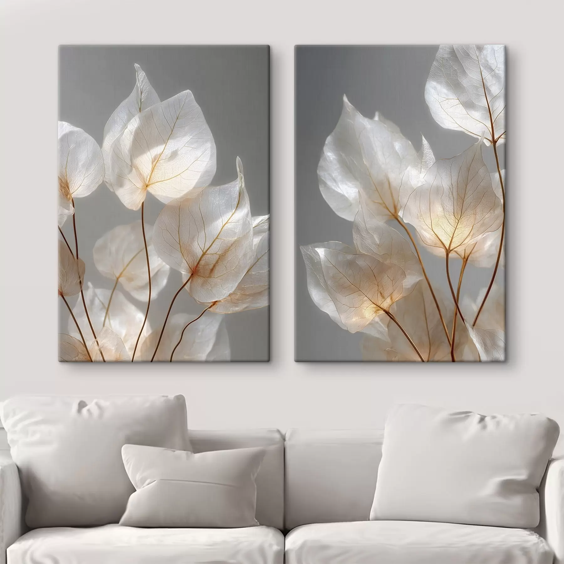 Tableau des feuilles blanches aux nervures apparentes sur fond gris m30620