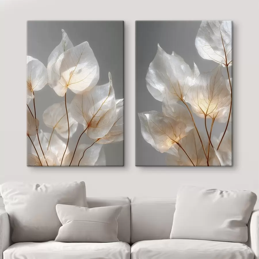 Tableau des feuilles blanches aux nervures apparentes sur fond gris m30620