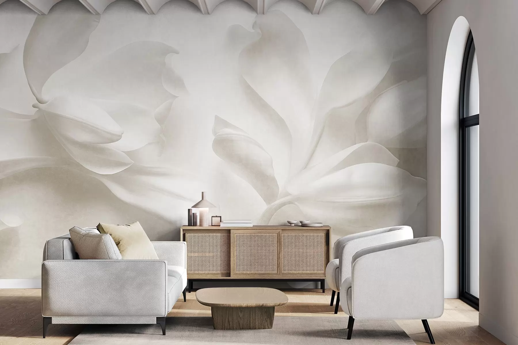 Papier peint Fleurs de magnolia blanches texturées aux pétales délicats, sur un fond clair flou w09771