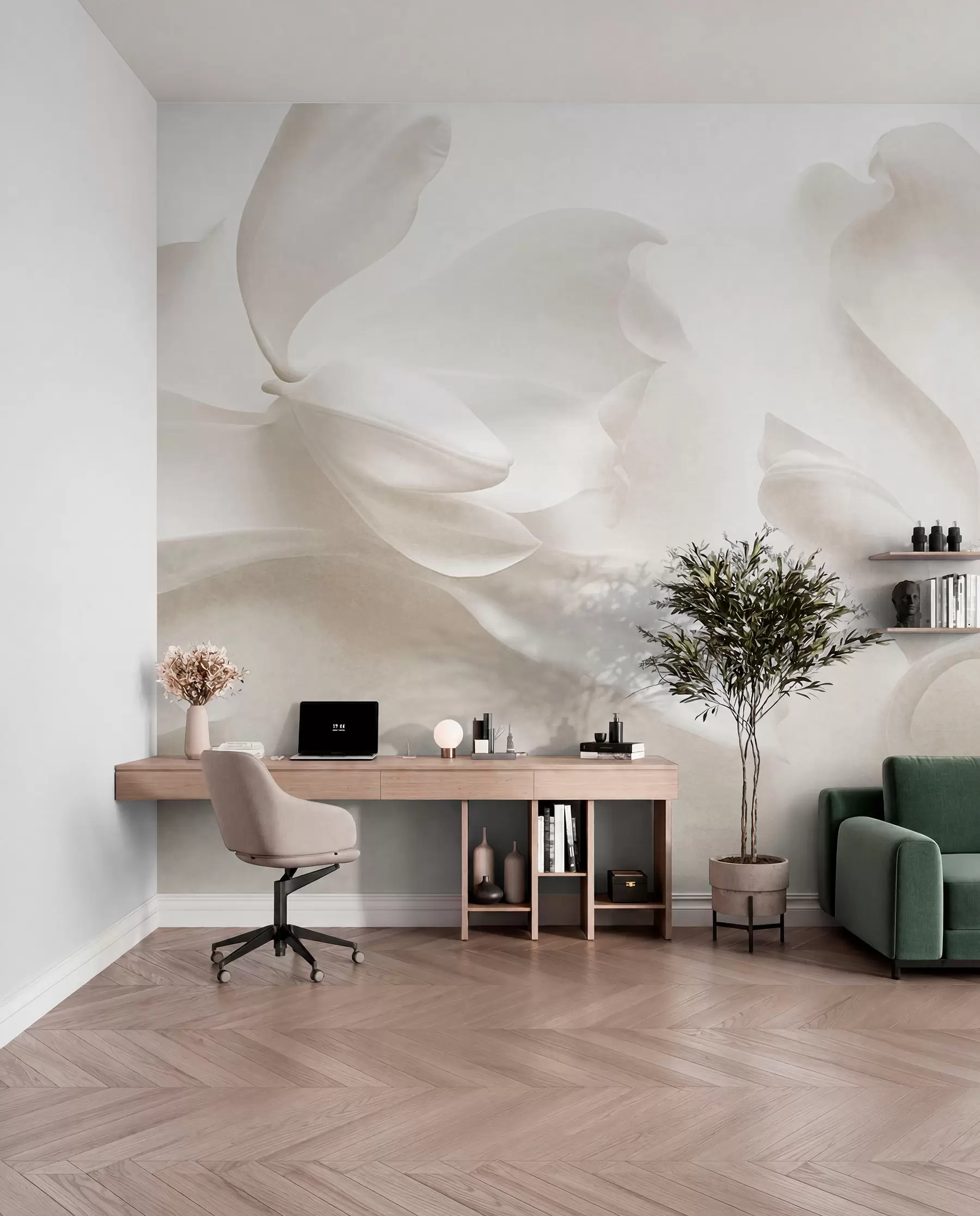 Papier peint Fleurs de magnolia blanches texturées aux pétales délicats, sur un fond clair flou w09771