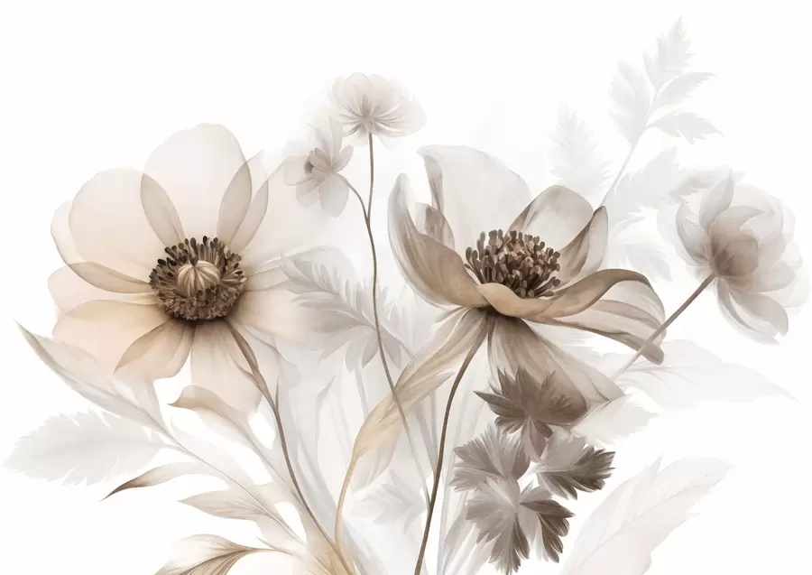 Papier peint De grandes fleurs translucides aux teintes sépia, aux pétales délicats, des feuilles plumeuses et des fleurs plus petites w09900