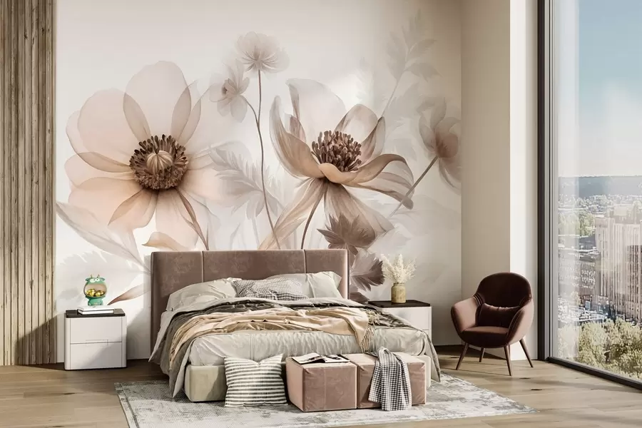 Papier peint De grandes fleurs translucides aux teintes sépia, aux pétales délicats, des feuilles plumeuses et des fleurs plus petites w09900