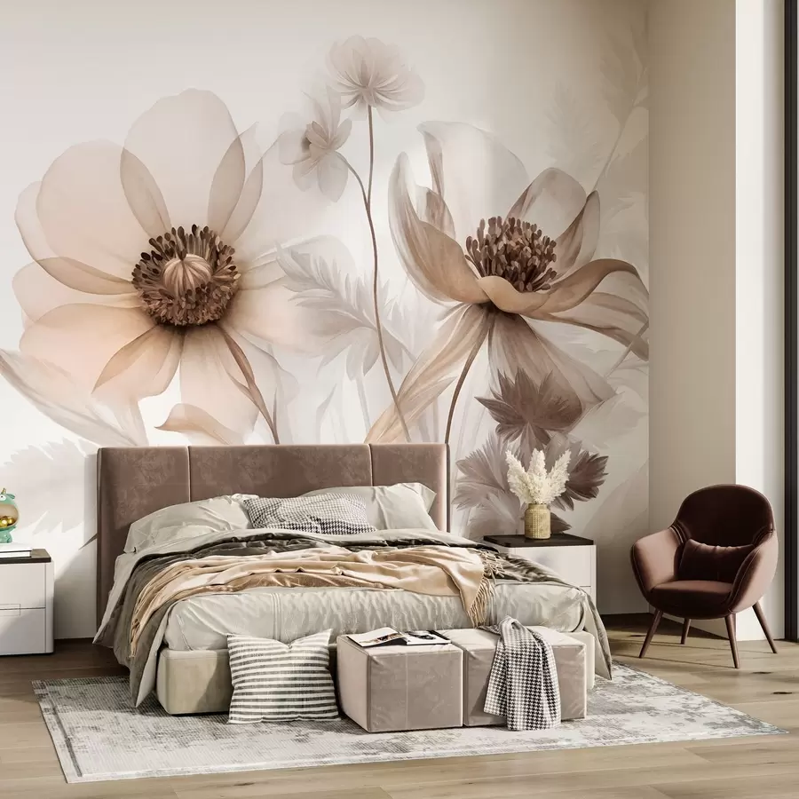 Papier peint De grandes fleurs translucides aux teintes sépia, aux pétales délicats, des feuilles plumeuses et des fleurs plus petites w09900