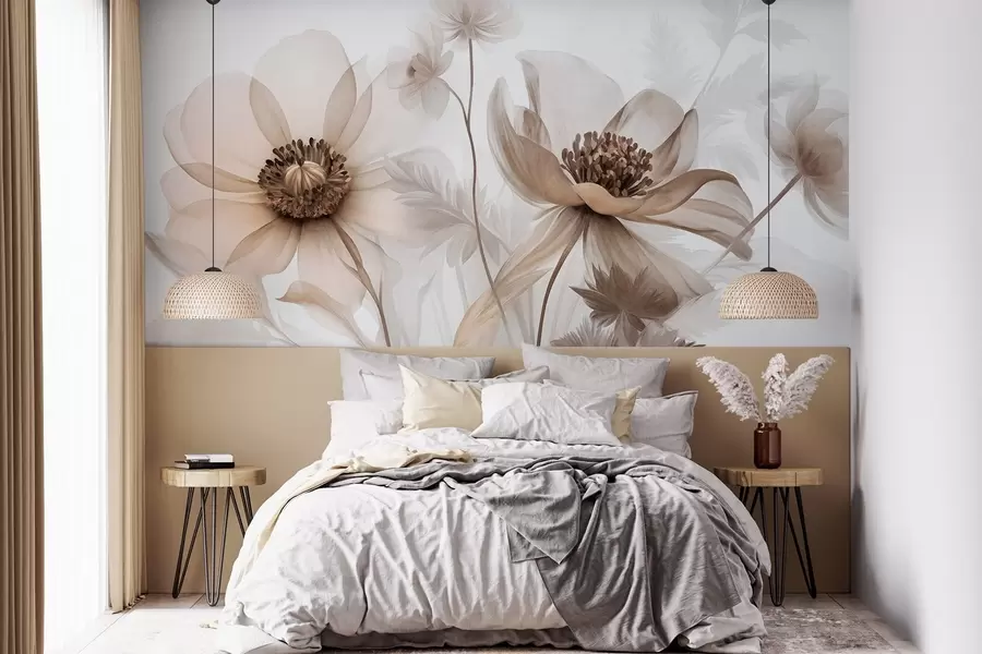 Papier peint De grandes fleurs translucides aux teintes sépia, aux pétales délicats, des feuilles plumeuses et des fleurs plus petites w09900