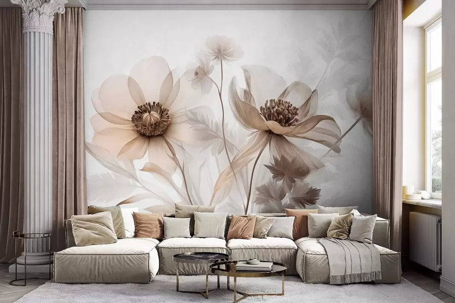 Papier peint De grandes fleurs translucides aux teintes sépia, aux pétales délicats, des feuilles plumeuses et des fleurs plus petites w09900