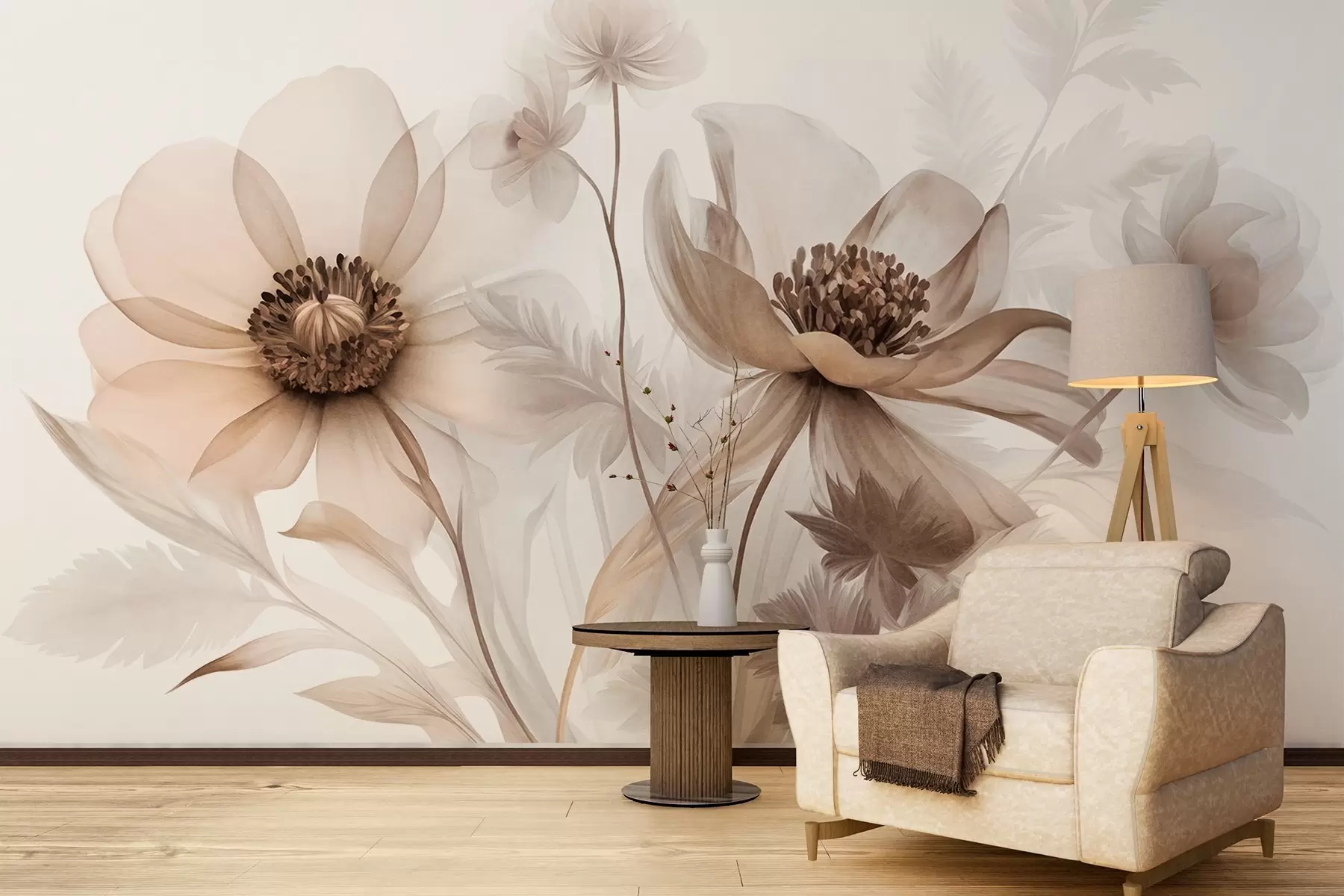 Papier peint De grandes fleurs translucides aux teintes sépia, aux pétales délicats, des feuilles plumeuses et des fleurs plus petites w09900