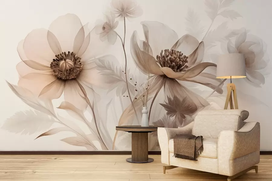 Papier peint De grandes fleurs translucides aux teintes sépia, aux pétales délicats, des feuilles plumeuses et des fleurs plus petites w09900