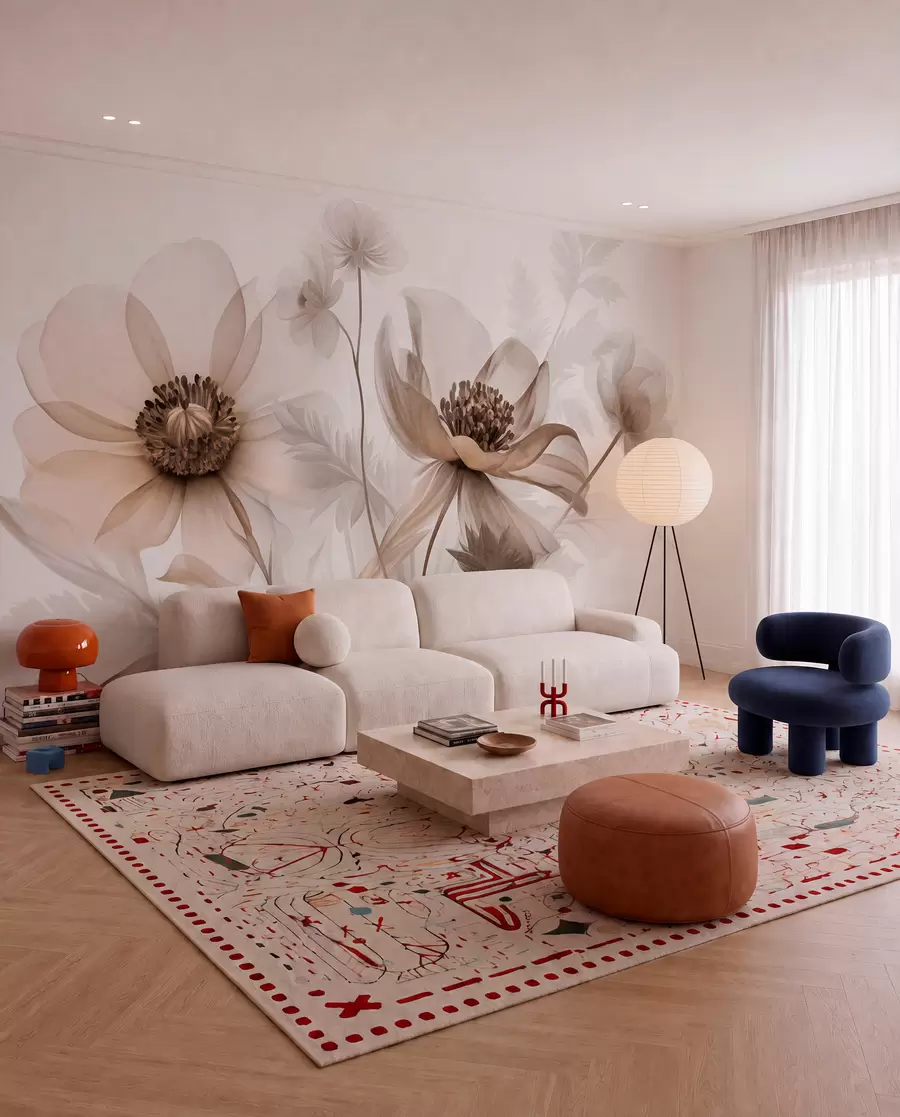 Papier peint De grandes fleurs translucides aux teintes sépia, aux pétales délicats, des feuilles plumeuses et des fleurs plus petites w09900