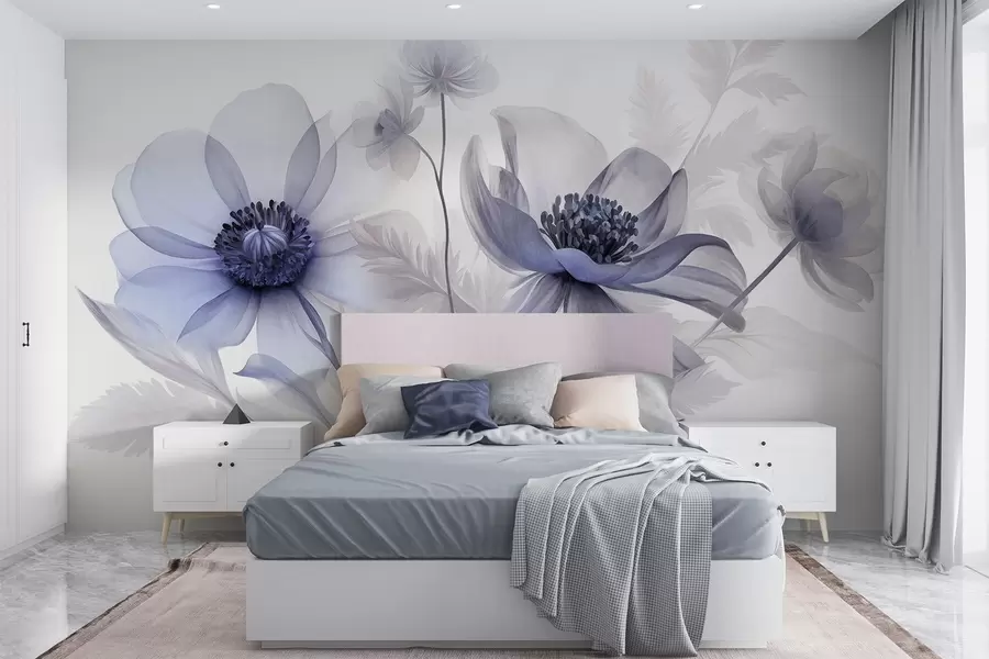 Papier peint De grandes fleurs translucides aux teintes bleutées, aux pétales délicats, des feuilles plumeuses et des fleurs plus petites w09900v1