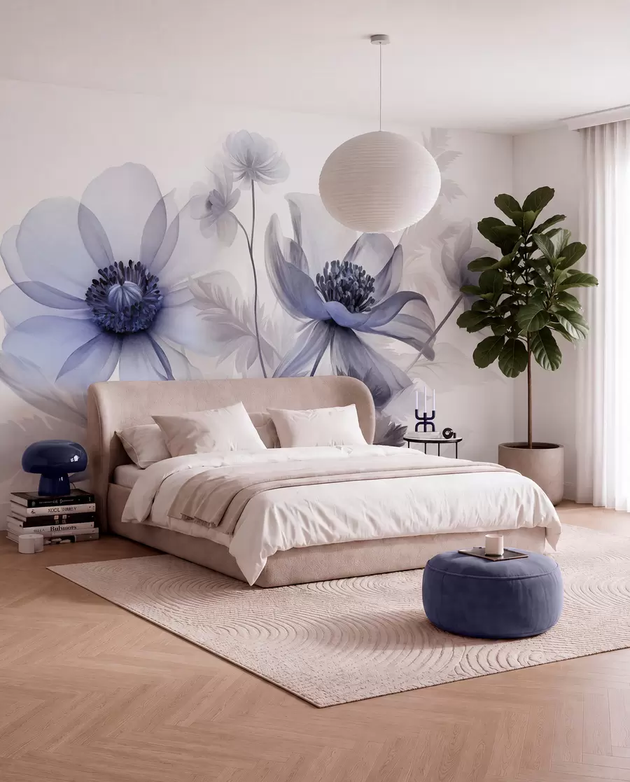 Papier peint De grandes fleurs translucides aux teintes bleutées, aux pétales délicats, des feuilles plumeuses et des fleurs plus petites w09900v1