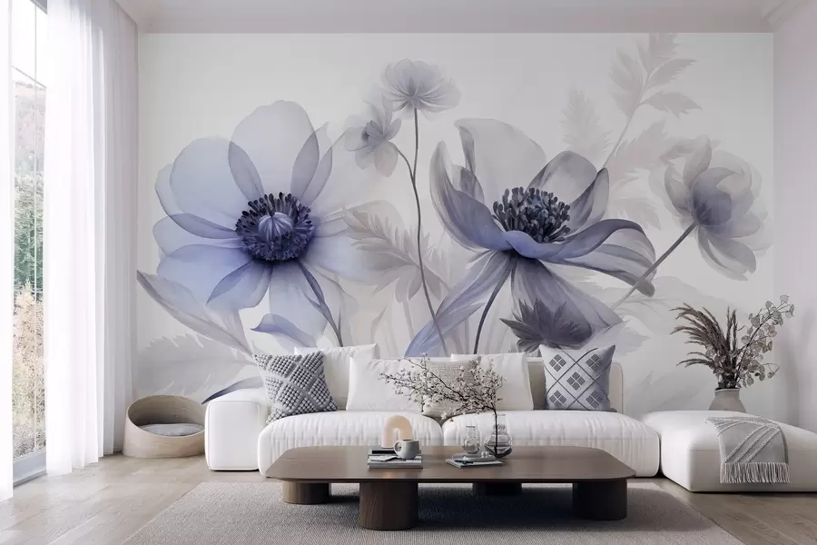 Papier peint De grandes fleurs translucides aux teintes bleutées, aux pétales délicats, des feuilles plumeuses et des fleurs plus petites w09900v1