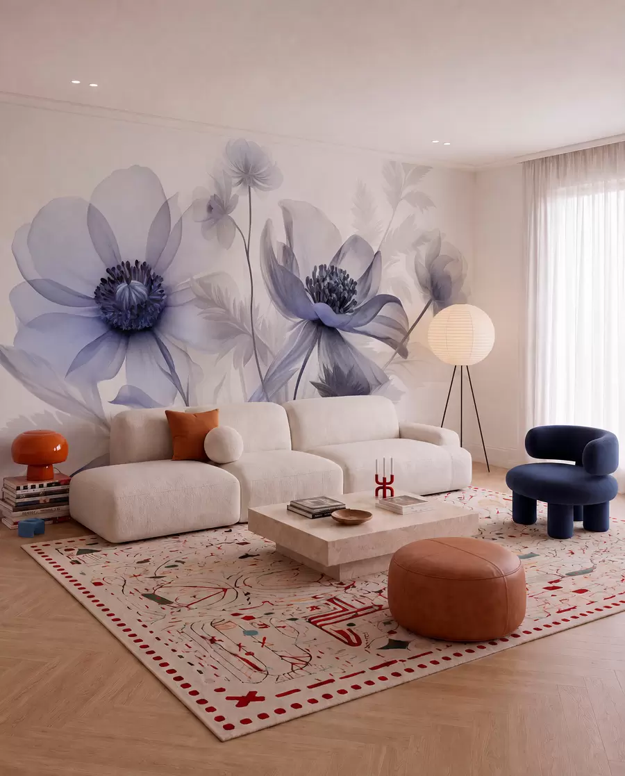 Papier peint De grandes fleurs translucides aux teintes bleutées, aux pétales délicats, des feuilles plumeuses et des fleurs plus petites w09900v1