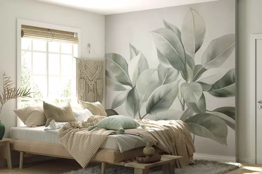Papier peint Des feuilles vert clair sur un fond pâle et doux, dans un style bohème texturé w09909