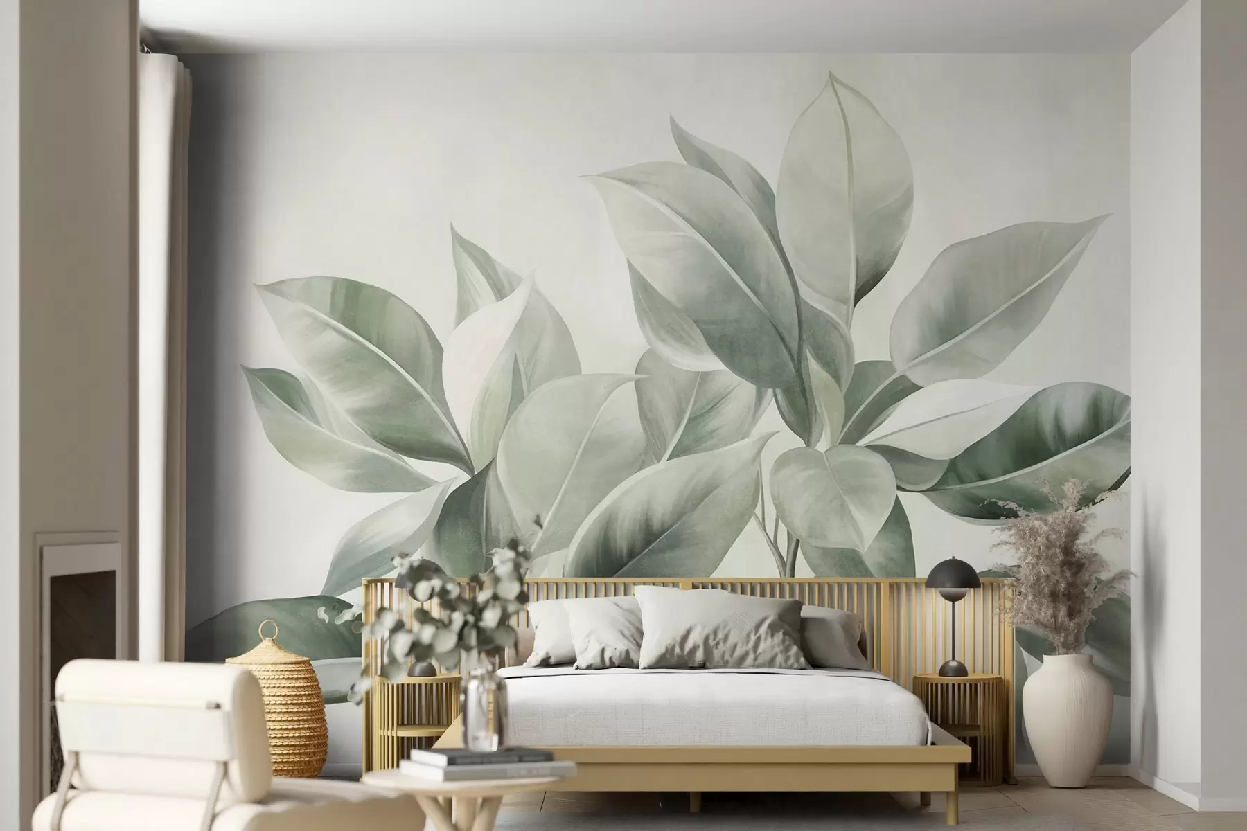 Papier peint Des feuilles vert clair sur un fond pâle et doux, dans un style bohème texturé w09909
